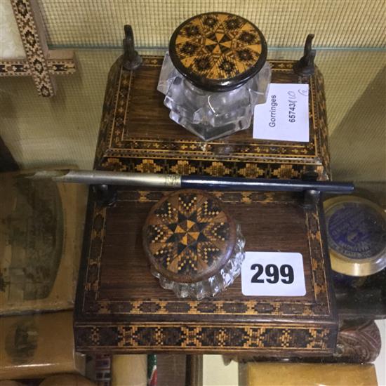 2 Tunbridge Ware rosewood mosaic banded inkstands, the glass inkwells with mosaic tops